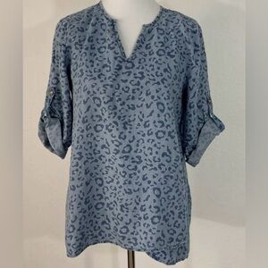 Philosophy Womans Tunic Flowy Roll Tab SIve Blue V Neck Denim Lepord Print XL